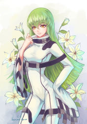 Rule 34 | 1girl, benni, c.c., code geass, flower, green hair, highres, long hair, looking at viewer, solo, standing, thigh strap, yellow eyes