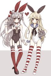Rule 34 | 10s, 2girls, adapted costume, amatsukaze (kancolle), holding hands, kantai collection, leotard, long hair, mito (go!go!king!), multiple girls, playboy bunny, rensouhou-chan, rensouhou-kun, shimakaze (kancolle), striped clothes, striped legwear, striped thighhighs, thighhighs, very long hair