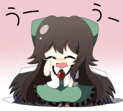 Rule 34 | 1girl, black wings, blush, bow, cape, chibi, closed eyes, crying, fang, female focus, full body, gradient background, hair bow, hand on own face, open mouth, reiuji utsuho, shirt, sitting, skirt, solo, tears, teen (teen629), third eye, touhou, white background, wings