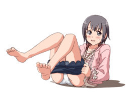 Rule 34 | 10s, 1girl, black eyes, black hair, blue shorts, blush, cardigan, clothes pull, commentary request, crotch seam, dressing, embarrassed, full body, hood, hoodie, idolmaster, idolmaster cinderella girls, jewelry, lace-trimmed shorts, lace trim, legs up, lielos, long sleeves, looking at viewer, lying, necklace, on back, open cardigan, open clothes, otokura yuuki, panties, pantyshot, parted lips, pink shirt, shirt, short hair, shorts, shorts pull, simple background, solo, striped clothes, striped shirt, sweatdrop, underwear, white background, white panties