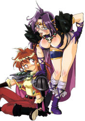 Rule 34 | 1990s (style), 2girls, araizumi rui, armor, bent over, bikini, blue eyes, blush, boots, breasts, cape, cleavage, earrings, gloves, jewelry, knee boots, large breasts, lina inverse, multiple girls, naga the serpent, pauldrons, purple hair, red eyes, red hair, retro artstyle, revealing clothes, shoulder armor, slayers, swimsuit, witch