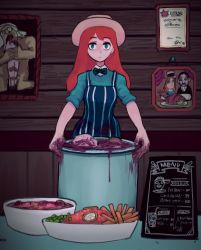 Rule 34 | 1girl, absurdres, apron, aqua eyes, aqua shirt, bad food, black bow, black bowtie, bow, bowtie, collared shirt, deent30390450, dripping, english text, expressionless, food, hat, highres, long hair, looking at viewer, original, pot, red hair, restaurant, saturn devouring his son, shirt, sleeves rolled up, solo, striped apron, striped clothes, white hat