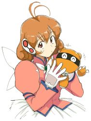 Rule 34 | 1girl, ahoge, antenna hair, back bow, bow, brown eyes, brown hair, corrector ir, corrector yui, gloves, holding, kasuga yui, looking at viewer, magical girl, open mouth, pink shirt, puffy sleeves, robot, shirt, short hair, simple background, skirt, smile, staff, tsubobot, white gloves, white skirt