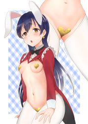 Rule 34 | 1girl, animal ears, blue hair, blush, bow, bowtie, breasts, close-up, commentary request, covered erect nipples, cowboy shot, cropped jacket, earrings, fake animal ears, hair between eyes, heart, heart earrings, heart pasties, highres, jewelry, kazepana, korekara no someday, long hair, looking at viewer, love live!, love live! school idol project, maebari, meme attire, navel, open mouth, pasties, rabbit ears, revealing clothes, reverse bunnysuit, reverse outfit, small breasts, solo, sonoda umi, stomach, white legwear, yellow eyes