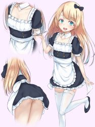 Rule 34 | 1girl, alternate costume, apron, ass, blonde hair, blue eyes, blush, commentary request, cup, gradient background, haamon (harmon), highres, jervis (kancolle), kantai collection, looking at viewer, maid, maid apron, maid headdress, multiple views, open mouth, panties, shoes, thighhighs, underwear, victorian maid, vipper captain, white panties, white thighhighs