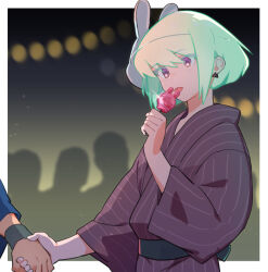 Rule 34 | 2boys, androgynous, armband, blush, commentary request, earrings, festival, food, galo thymos, green hair, holding, holding food, holding hands, holding popsicle, japanese clothes, jewelry, kimono, licking, lio fotia, looking down, male focus, mask, multiple boys, night, ns1123, popsicle, promare, purple eyes, purple kimono, rabbit mask, short hair, sidelocks, single earring, sparkle, striped clothes, tongue, tongue out, upper body
