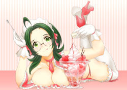 Rule 34 | 00s, 1girl, :p, ahoge, blush, breast press, breasts, choker, cleavage, frills, glass, glasses, gloves, green eyes, green hair, headdress, high heels, highres, idolmaster, idolmaster dearly stars, large breasts, legs up, licking lips, long hair, lying, matching hair/eyes, namidate, okamoto manami, on stomach, open mouth, panties, parfait, ribbon, ribbon choker, side-tie panties, smile, solo, thighhighs, tongue, tongue out, underwear, waitress, white thighhighs