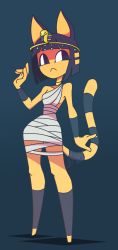 Rule 34 | 1girl, absurdres, androgynous, animal crossing, animal ears, ankha (animal crossing), artist name, bandages, bare shoulders, barefoot, blue background, blue eyes, blue fur, blue hair, blunt bangs, blunt ends, bob cut, body fur, breasts, cat ears, cat girl, cat tail, circlet, closed mouth, collarbone, commentary, dress, egyptian, egyptian clothes, english commentary, eyeliner, full body, furry, furry female, gradient eyes, grey dress, hair ornament, hand up, highres, jewelry, makeup, medium breasts, miss zi zi, multicolored eyes, naked bandage, neck ring, nintendo, no feet, no nose, purple eyes, purple hair, short dress, short hair, signature, simple background, snake hair ornament, solo, standing, striped tail, tail, two-tone fur, underboob, watermark, yellow fur