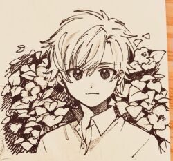 Rule 34 | 1boy, buttons, character request, closed mouth, collared shirt, copyright request, cropped torso, floral background, greyscale, hair between eyes, leaf, light frown, looking at viewer, male focus, monochrome, no+bi=, parted bangs, petals, photo (medium), shirt, short hair, solo, traditional media