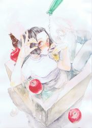 Rule 34 | 1girl, absurdres, aosama (aosma), apple, black hair, blush, bottle, drink, drinking, food, from above, fruit, grey pants, highres, holding, looking at viewer, original, overflowing, painting (medium), pants, partially submerged, red eyes, shirt, short hair, short sleeves, solo, traditional media, watercolor (medium), white shirt