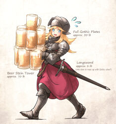 Rule 34 | 1girl, armor, armored boots, beer mug, blonde hair, blue eyes, boots, breastplate, cup, drinking glass, flying sweatdrops, full armor, gauntlets, perlweiss (ironlily), greaves, helmet, highres, holding, ironlily, knight, long hair, mug, open mouth, original, pauldrons, plate armor, sheath, sheathed, shoulder armor, solo, sword, visor (armor), weapon