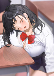 Rule 34 | 1girl, black hair, blurry, blurry background, blush, bow, bowtie, breasts, collared shirt, desk, kaisen chuui, large breasts, long sleeves, medium hair, open mouth, original, red bow, red bowtie, shirt, skirt, sleeping, solo, white shirt