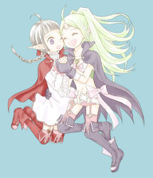 Rule 34 | 2girls, ^ ^, boots, bow, braid, cape, cheek-to-cheek, closed eyes, dress, closed eyes, fire emblem, fire emblem awakening, garter straps, gloves, green hair, heads together, knee boots, midriff, mature female, mother and daughter, multiple girls, nah (fire emblem), nintendo, nowi (fire emblem), open mouth, pointy ears, ponytail, purple eyes, silver hair, smile, yanechika