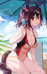 Rule 34 | 1girl, ahoge, akitsuki (oenothera), animal ears, backlighting, beach, black hair, black one-piece swimsuit, blue sky, blurry, breasts, cloud, collarbone, day, depth of field, food, from side, hair between eyes, hair ornament, highres, holding, horse ears, horse girl, horse tail, kitasan black (umamusume), large breasts, looking at viewer, ocean, one-piece swimsuit, open mouth, parasol, parted bangs, pink one-piece swimsuit, popsicle, red eyes, short hair, sitting, sky, solo, spoon, swimsuit, tail, tassel, tassel hair ornament, thighs, umamusume, umbrella