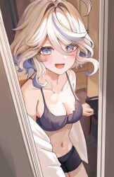 Rule 34 | 1girl, absurdres, ahoge, alternate costume, black shorts, blue eyes, blue hair, blush, breasts, cleavage, colored inner hair, cowboy shot, dasha, furina (genshin impact), genshin impact, hair between eyes, heterochromia, highres, indoors, light blue hair, looking at viewer, lower teeth only, medium breasts, multicolored hair, navel, open clothes, open mouth, opening door, revision, short hair, shorts, sidelocks, smile, solo, standing, stomach, streaked hair, teeth, two-tone hair, white hair