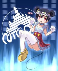 Rule 34 | 10s, 1girl, adapted costume, black hair, commentary request, cosplay, detached collar, disney, double bun, frilled sleeves, frills, gloves, hair bun, head wreath, love live!, love live! school idol project, mickey mouse, mickey mouse (cosplay), mouse tail, no panties, red eyes, shipii (jigglypuff), skirt, solo, tail, thighhighs, white gloves, white thighhighs, yazawa nico, yume no tobira