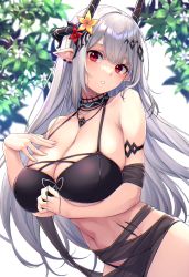 Rule 34 | 1girl, :o, arknights, arm strap, bikini, black bikini, black collar, breasts, cleavage, collar, cowboy shot, demon horns, earclip, female focus, flower, grey hair, hair ornament, hand on own chest, highres, horns, huge breasts, infection monitor (arknights), jewelry, leaf, looking at viewer, material growth, mudrock (arknights), mudrock (silent night) (arknights), nameko houshi, navel, necklace, official alternate costume, oripathy lesion (arknights), pointy ears, red eyes, red flower, skindentation, solo, stomach, swimsuit, yellow flower
