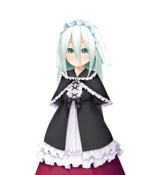 Rule 34 | 1girl, black capelet, black dress, capelet, closed mouth, dress, frilled capelet, frills, green eyes, green hair, hair between eyes, haryuu (poetto), highres, long hair, looking at viewer, original, pleated skirt, purple skirt, simple background, skirt, smile, solo, white background