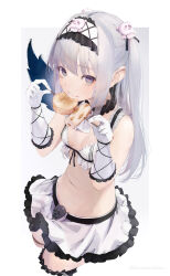 Rule 34 | 1girl, :i, absurdres, bare shoulders, breasts, chunithm, closed mouth, commentary request, eating, elbow gloves, food, food request, frilled hairband, frilled skirt, frills, gloves, grey background, grey eyes, grey hair, hair ornament, hairband, highres, holding, holding food, kisaragi yaya, long hair, looking at viewer, navel, skirt, skull hair ornament, small breasts, solo, two-tone background, very long hair, white background, white gloves, white hairband, white skirt