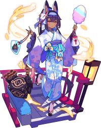 Rule 34 | 1girl, artist request, bag, bagged fish, bell, blue hairband, blue kimono, blue ribbon, blush, chocolate banana, cotton candy, crossed bangs, cube, dark-skinned female, dark skin, egasumi, female focus, fish, flat chest, floating, floating object, floral print, food, fox mask, fox shadow puppet, frilled kimono, frilled sleeves, frills, full body, hair ornament, hair ribbon, hairband, hairclip, hands up, headgear, high ponytail, highres, holding, holding food, ikayaki, japanese clothes, jingle bell, kimono, lantern, leg up, long hair, long sleeves, looking at viewer, mask, mask on head, nephtim (world flipper), night, non-web source, obi, official alternate costume, official art, open mouth, orange eyes, outdoors, plastic bag, pouch, purple hair, ribbon, sandals, sash, sidelocks, skewer, socks, solo, sprinkles, standing, standing on one leg, tabi, takoyaki, transparent background, water, white socks, wide sleeves, world flipper