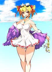 Rule 34 | 1girl, alternate costume, blonde hair, breasts, dress, eyewear on head, highres, holding, holding clothes, holding legwear, medium breasts, ocean, pandain, red eyes, sandals, solo, sunglasses, touhou, twintails, water, white dress, yorigami jo&#039;on