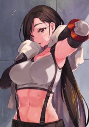 Rule 34 | 1girl, amana (pocketkey), armpits, arms behind head, arms up, bare shoulders, black gloves, black skirt, blush, breasts, brown hair, cleavage, collarbone, elbow gloves, elbow pads, final fantasy, final fantasy vii, final fantasy vii remake, gloves, highres, large breasts, long hair, looking at viewer, messy hair, midriff, navel, parted lips, red eyes, shirt, skirt, smile, suspender skirt, suspenders, sweat, tank top, taut clothes, taut shirt, tifa lockhart, towel, white tank top