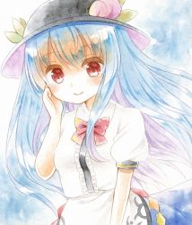 Rule 34 | 1girl, apron, black hat, blue background, blue hair, blue skirt, blush, bow, bowtie, breasts, center frills, closed mouth, collared shirt, commentary request, cowboy shot, curled fingers, food, frills, fruit, hand on own cheek, hand on own face, hat, hinanawi tenshi, kagome f, leaf, long hair, looking at viewer, medium breasts, painting (medium), peach, puffy short sleeves, puffy sleeves, rainbow order, red bow, red bowtie, red eyes, shirt, short sleeves, skirt, smile, solo, touhou, traditional media, waist apron, watercolor (medium), white background, white shirt
