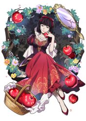Rule 34 | 1girl, apple, arm support, artist request, basket, black hair, blunt bangs, broken mirror, bungou stray dogs, collarbone, dress, flower, food, frilled dress, frills, fruit, full body, hair ribbon, holding, holding food, holding fruit, lipstick, long sleeves, looking at viewer, makeup, mirror, official art, puffy sleeves, purple eyes, red apple, red dress, red footwear, red lips, red ribbon, ribbon, shoes, short hair, sitting, smile, solo, third-party source, transparent background, yosano akiko