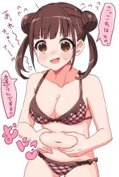 Rule 34 | 100 hitsuji, 1girl, @ @, bare shoulders, bikini, blush, breasts, brown eyes, brown hair, cleavage, collarbone, double bun, flying sweatdrops, gluteal fold, hair bun, highres, holding stomach, idolmaster, idolmaster shiny colors, long hair, looking at viewer, medium breasts, midriff, navel, open mouth, pink bikini, short twintails, simple background, solo, sonoda chiyoko, sweatdrop, swimsuit, twintails, white background