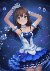Rule 34 | 10s, 1girl, armpits, bare shoulders, blush, breasts, brown hair, bubble, dress, female focus, gloves, green eyes, idolmaster, idolmaster cinderella girls, idolmaster cinderella girls starlight stage, jewelry, long hair, looking at viewer, necklace, parfaitlate, pocket watch, shibuya rin, solo, starry sky bright, watch, water, white gloves
