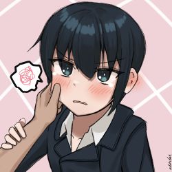 Rule 34 | 1girl, akts625, androgynous, annoyed, black coat, black hair, blush, cheek pinching, coat, collarbone, commentary, dress shirt, ear blush, embarrassed, english commentary, from above, green eyes, hair between eyes, hand on another&#039;s arm, hand on another&#039;s face, highres, kino (kino no tabi), kino no tabi, light frown, looking at viewer, looking up, parted lips, pinching, pink background, pov, pov hands, scribble, shirt, short hair, signature, solo focus, spoken symbol, tomboy, upper body, upturned eyes, v-shaped eyebrows, wavy mouth, white shirt