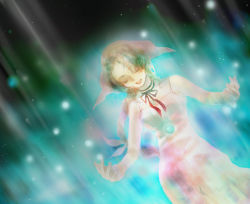 Rule 34 | 1girl, aerith gainsborough, bare arms, braid, casting spell, choker, curly hair, dress, closed eyes, female focus, final fantasy, final fantasy vii, jewelry, lifestream, long dress, long hair, materia, necklace, open mouth, pink dress, ribbon, spaghetti strap, square enix, tomo (552252), wavy hair