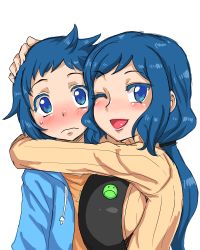 Rule 34 | 10s, 1boy, 1girl, ;d, apron, badge, blue eyes, blue hair, blush, breast press, breasts, button badge, gundam, gundam build fighters, hand on another&#039;s head, haro button badge, hetero, hood, hoodie, hug, iori rinko, iori sei, kitsune-tsuki (getter), large breasts, lips, lipstick, long hair, looking at viewer, makeup, mature female, mother and son, one eye closed, open mouth, ponytail, ribbed sweater, simple background, smile, sweatdrop, sweater, turtleneck, white background, wink