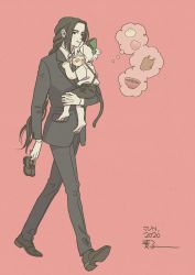 Rule 34 | 2boys, animal ears, bare legs, black footwear, black hair, black jacket, black pants, black tail, bowl, business suit, carrying, cat ears, cat tail, child, dated, food, formal, fruit, highres, holding, holding shoes, jacket, long hair, luo xiaohei, luo xiaohei (human), luo xiaohei zhanji, mugi-co, multiple boys, pants, peach, pink background, shoes, short hair, simple background, standing, suit, tail, thought bubble, turkey (food), unworn shoes, very long hair, walking, white hair, wide shot, wuxian (the legend of luoxiaohei)