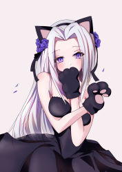 Rule 34 | 1girl, animal ears, animal hands, azur lane, bare shoulders, black dress, blush, breasts, cat ears, cat paws, cleavage, covered mouth, covering own mouth, dress, eyes visible through hair, fake animal ears, gloves, hair intakes, highres, ioniccrystal, long hair, looking at viewer, medium breasts, paw gloves, paw print, purple eyes, silver hair, simple background, solo, very long hair, white background, yorktown (azur lane)