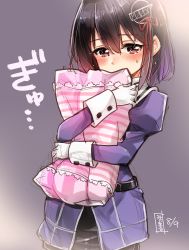 Rule 34 | 10s, 1girl, belt, black hair, blush, brown eyes, buttons, commentary request, dated, flower, gloves, haguro (kancolle), haguro kai ni (kancolle), hair between eyes, hair ornament, highres, kantai collection, long sleeves, looking at viewer, minimaru, hugging object, pantyhose, pillow, pillow hug, puffy long sleeves, puffy sleeves, short hair, solo, translation request, white gloves