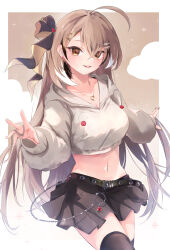 Rule 34 | 1girl, ahoge, alternate costume, berry, black thighhighs, brown eyes, brown hair, brown hoodie, brown nails, brown skirt, chain, cloud, crop top, crossed bangs, earrings, elphe, food-themed earrings, hair ornament, hair ribbon, hand in own hair, highres, hololive, hololive english, hood, hoodie, jewelry, long hair, looking at viewer, midriff, multicolored hair, nail polish, nanashi mumei, navel, necklace, pleated skirt, ribbon, simple background, skirt, sparkle, streaked hair, thighhighs, tongue, tongue out, very long hair, virtual youtuber