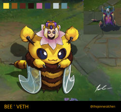 Rule 34 | 1girl, :3, absurdres, bee costume, bel&#039;veth, blonde hair, character name, commentary, crown, english commentary, highres, league of legends, looking at viewer, multiple views, purple eyes, short hair, signature, smile, standing, thejenneralchen, wings