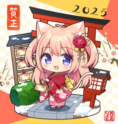 1girl 2025 :d animal_ear_fluff animal_ears antenna_hair blush branch brown_footwear cat_ears cat_girl cat_tail checkered_background chibi chinese_zodiac commentary_request ema floral_print flower full_body hair_flower hair_ornament holding japanese_clothes kimono lantern long_hair long_sleeves looking_at_viewer open_mouth original pink_hair print_kimono purple_eyes red_flower red_kimono ryuuka_sane sandals smile socks solo tabi tail torii two_side_up very_long_hair white_socks wide_sleeves year_of_the_snake zouri