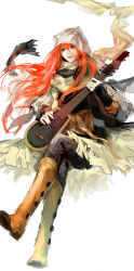 Rule 34 | 1boy, boots, brown footwear, cd (cddc), green eyes, hood, instrument, knee boots, lamento, long hair, male focus, red hair, scarf, shui (lamento), simple background, sitting, solo, very long hair, white background