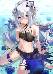 Rule 34 | 1girl, absurdres, amane kanata, amane kanata (another world), arm support, armpit crease, barefoot, bikini, blue eyes, blue flower, blush, collarbone, colored tips, commentary request, crossed bangs, feathered wings, feet, flat chest, flower, frilled bikini, frills, full body, grey hair, hair ornament, halo, hand on own chest, hand up, highres, hololive, legs, long hair, looking at viewer, multicolored hair, navel, official alternate costume, on ground, partially submerged, purple hair, sidelocks, signature, single hair intake, sitting, solo, star halo, swimsuit, thigh strap, thighs, toenails, toes, virtual youtuber, wariza, wings, yukikawa sara