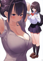 Rule 34 | 1girl, absurdres, armpits, arms up, black hair, black skirt, black socks, blush, book, bow, bowtie, breasts, brown footwear, button gap, cleavage, collared shirt, full body, grey shirt, hair between eyes, hair tie, hair tie in mouth, highres, holding, holding book, kaisen chuui, kneehighs, large breasts, loafers, long sleeves, mouth hold, multiple views, non-web source, original, page number, panties, pleated skirt, ponytail, purple eyes, red bow, red neckwear, school uniform, scoop neck, shirt, shirt tucked in, shoes, short sleeves, side-tie panties, side-tie peek, simple background, skirt, socks, standing, tying hair, underwear, white background, white shirt