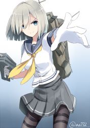 Rule 34 | 10s, 1girl, a.a (aa772), bad id, bad twitter id, black pantyhose, blue background, blue eyes, gloves, gradient background, hamakaze (kancolle), kantai collection, machinery, pantyhose, pleated skirt, school uniform, serafuku, short hair, silver hair, sketch, skirt, solo, twitter username, white background, white gloves