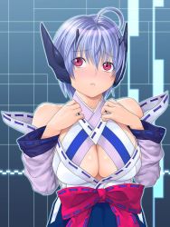 Rule 34 | 1girl, ahoge, android, bad id, bad pixiv id, bare shoulders, blue background, blue hair, blush, bow, breasts, cleavage, cleavage cutout, clothing cutout, embarrassed, halterneck, hands on own chest, huge breasts, japanese clothes, long sleeves, looking away, looking up, nose blush, phantasy star, phantasy star universe, red eyes, robot ears, short hair, solo, upper body, wide sleeves, yuzuriha (active homing)