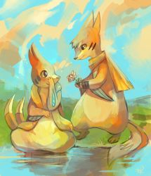 Rule 34 | 1boy, 1girl, blue sky, buizel, clothed pokemon, commission, couple, creatures (company), day, evolutionary line, eye contact, eyelashes, floatzel, flower, full body, game freak, gen 4 pokemon, glitchedpuppet, grass, hand on own face, hetero, holding, holding flower, interspecies, looking at another, nature, nintendo, no humans, outdoors, pokemon, pokemon (creature), pokephilia, scarf, sitting, sky, soaking feet, standing, water
