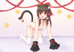 Rule 34 | 1girl, :d, absurdres, all fours, animal ear fluff, animal ears, animal hands, ass, bare arms, bare shoulders, bell, black choker, black gloves, black hair, blush, bow, bra, breasts, cat cutout, cat ears, cat girl, cat lingerie, cat tail, choker, cleavage, cleavage cutout, clothing cutout, commentary request, fang, gloves, hair between eyes, hair bow, hair tubes, hakurei reimu, highres, jingle bell, kemonomimi mode, long hair, looking at viewer, medium breasts, meme attire, neck bell, no shoes, open mouth, panties, partial commentary, paw gloves, red bow, red eyes, red ribbon, ribbon, shu pian, side-tie panties, sidelocks, skin fang, smile, solo, star (symbol), tail, thighhighs, thighs, touhou, underwear, white bra, white thighhighs