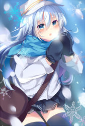 Rule 34 | 10s, 1girl, bad id, bad nicoseiga id, bag, black gloves, black skirt, black thighhighs, blue eyes, blue scarf, blush, breath, coat, commentary request, gloves, hair between eyes, hat, hibiki (kancolle), jacket, kantai collection, long hair, long sleeves, pleated skirt, ponika, scarf, shoulder bag, silver hair, skirt, solo, thighhighs, verniy (kancolle), winter clothes, winter coat