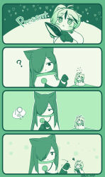 Rule 34 | 2boys, animal ears, blush, cape, cat ears, esther (project moon), formal, gift, gloves, green theme, hair over one eye, hamster ears, hand up, highres, jacket, library of ruina, long hair, mini person, miniboy, monochrome, moribe denkou, multiple boys, project moon, seed, side ponytail, suit, sunflower seed, very long hair, yan vismok