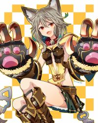 Rule 34 | 10s, 1girl, :3, :d, animal ears, animal hands, artist name, aytsmith, bad id, bad pixiv id, boots, breasts, brown footwear, cat ears, cat paws, checkered background, claw (weapon), collar, erune, eyebrows, fangs, gloves, granblue fantasy, green skirt, grey hair, hair between eyes, long hair, looking at viewer, medium breasts, miniskirt, open mouth, orange eyes, outline, paw gloves, sen (granblue fantasy), sitting, skirt, smile, solo, weapon
