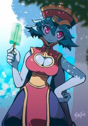 Rule 34 | 1girl, breasts, cleavage, cleavage cutout, clothing cutout, female focus, food, hat, jiangshi, large breasts, lei lei, looking at viewer, popsicle, smile, solo, vampire (game)